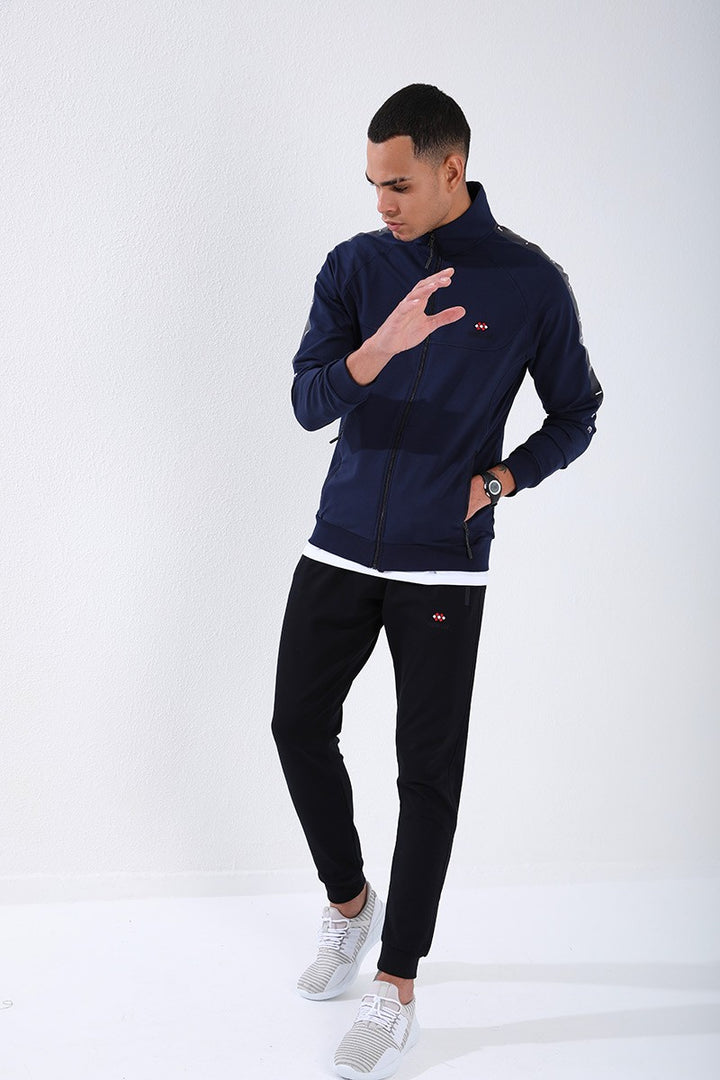 TMY Indigo - Navy Blue Straight Collar Striped Printed Regular Fit Cuffed Men's Tracksuit - 85150 - Modesto