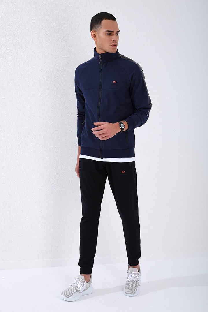 TMY Indigo - Navy Blue Straight Collar Striped Printed Regular Fit Cuffed Men's Tracksuit - 85150 - Modesto