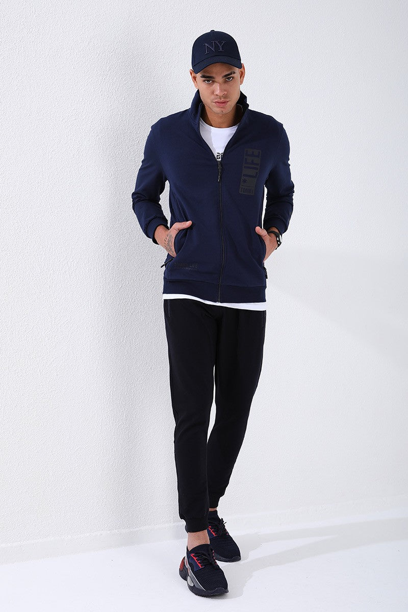 TMY Indigo - Navy Blue Straight Collar Printed Summer Standard Fit Cuffed Men's Tracksuit - 85149 - Roman