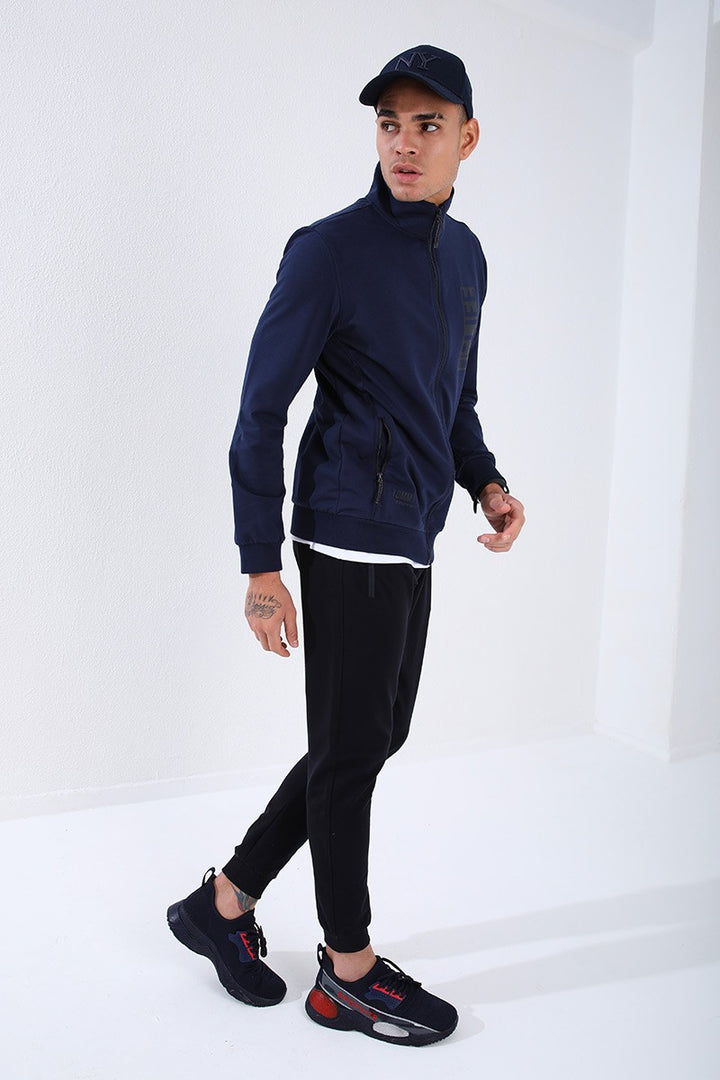 TMY Indigo - Navy Blue Straight Collar Printed Summer Standard Fit Cuffed Men's Tracksuit - 85149 - Roman