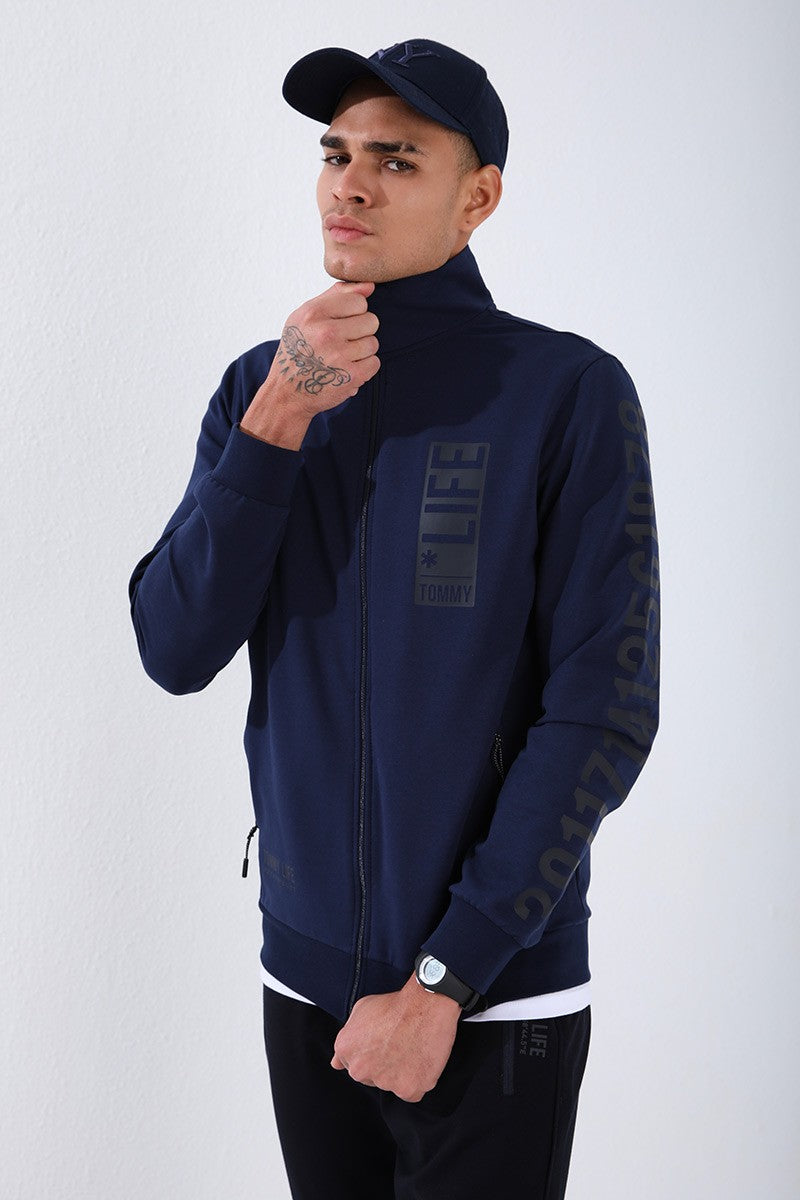 TMY Indigo - Navy Blue Straight Collar Printed Summer Standard Fit Cuffed Men's Tracksuit - 85149 - Roman