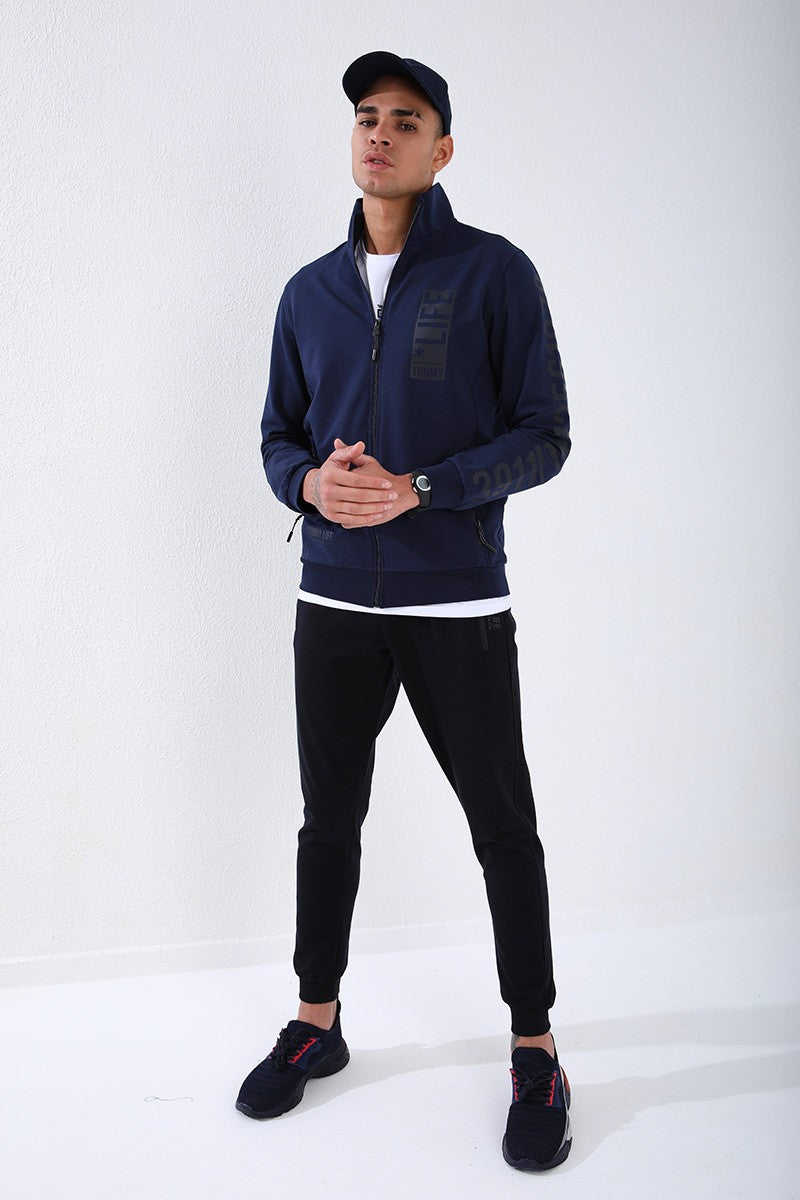 TMY Indigo - Navy Blue Straight Collar Printed Summer Standard Fit Cuffed Men's Tracksuit - 85149 - Roman