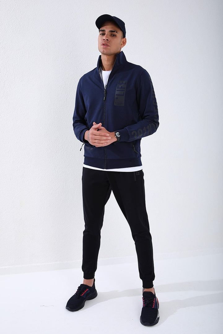 TMY Indigo - Navy Blue Straight Collar Printed Summer Standard Fit Cuffed Men's Tracksuit - 85149 - Roman