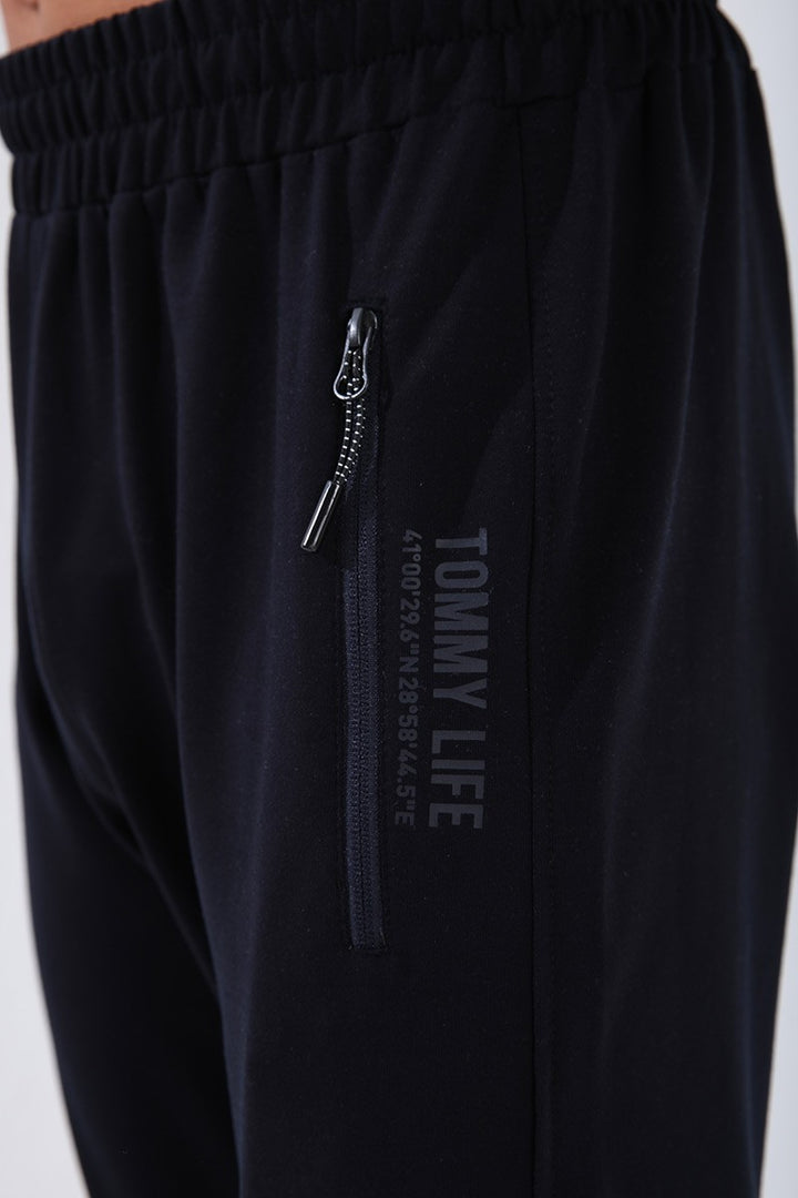 TMY Indigo - Navy Blue Straight Collar Printed Summer Standard Fit Cuffed Men's Tracksuit - 85149 - Roman