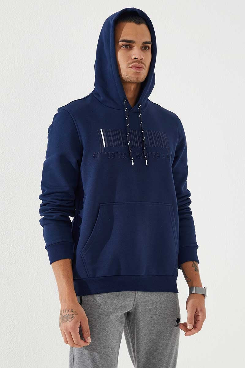 TMY Indigo Embroidered Kangaroo Pocket Standard Fit Hooded Men's Sweatshirt - 87839 - Lac-Brome
