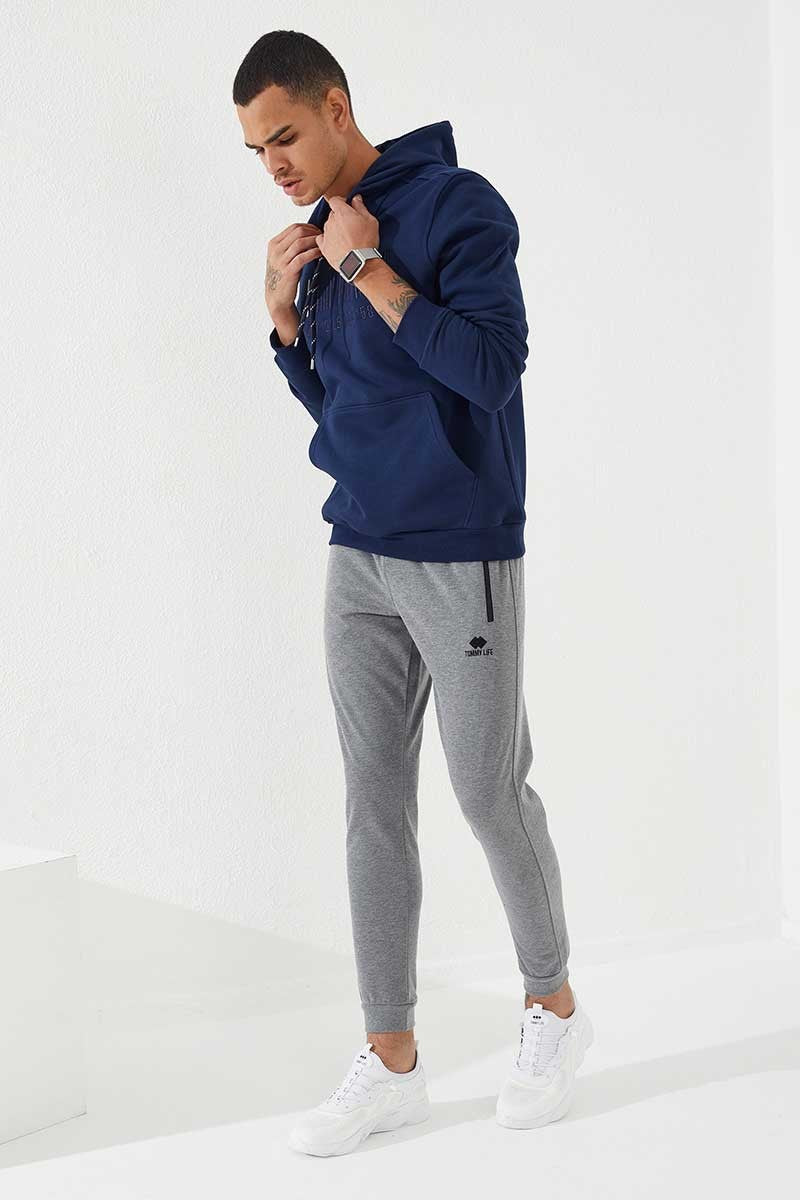 TMY Indigo Embroidered Kangaroo Pocket Standard Fit Hooded Men's Sweatshirt - 87839 - Lac-Brome
