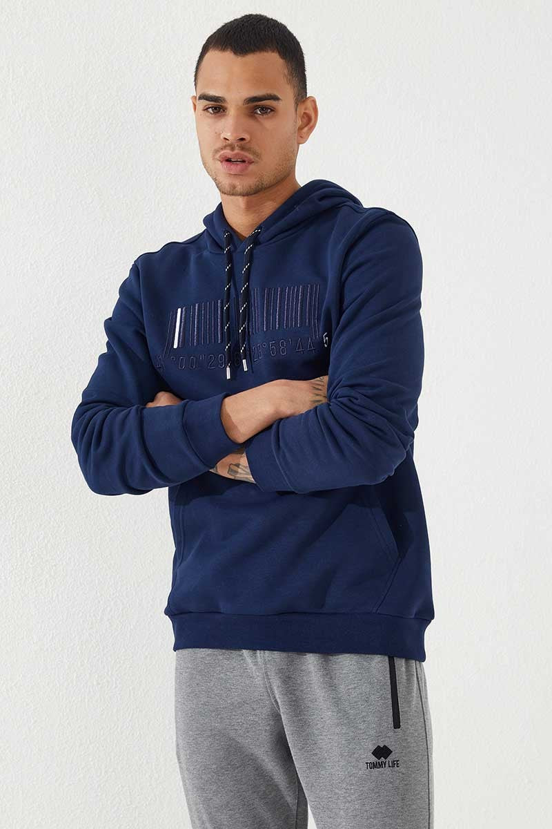 TMY Indigo Embroidered Kangaroo Pocket Standard Fit Hooded Men's Sweatshirt - 87839 - Lac-Brome