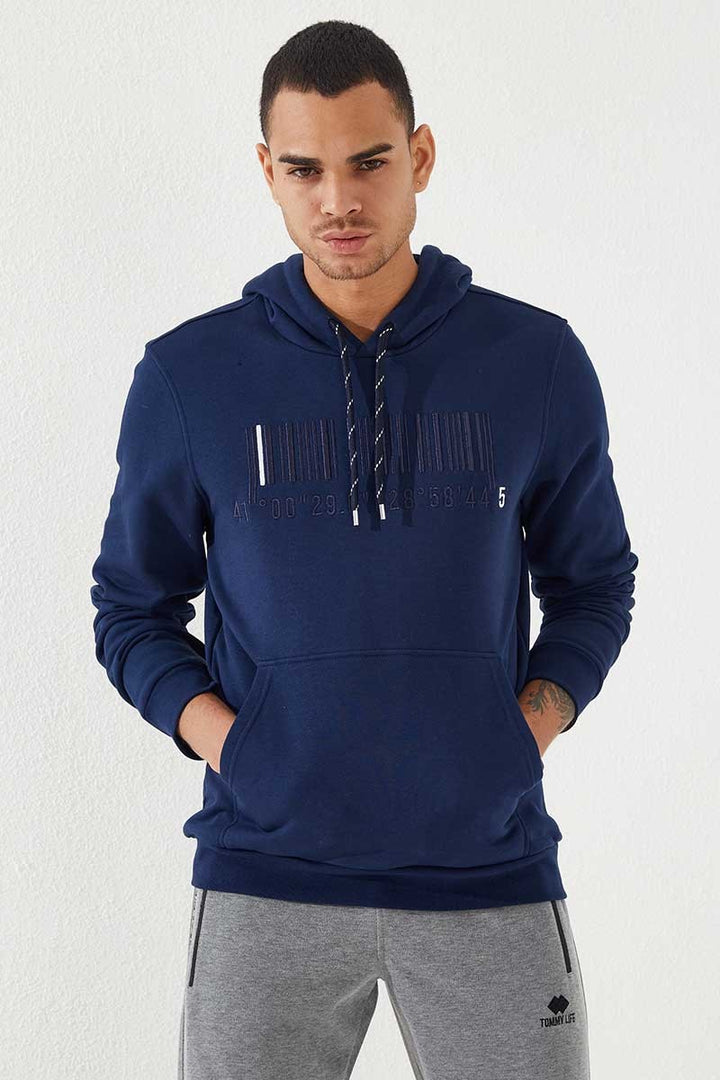 TMY Indigo Embroidered Kangaroo Pocket Standard Fit Hooded Men's Sweatshirt - 87839 - Lac-Brome