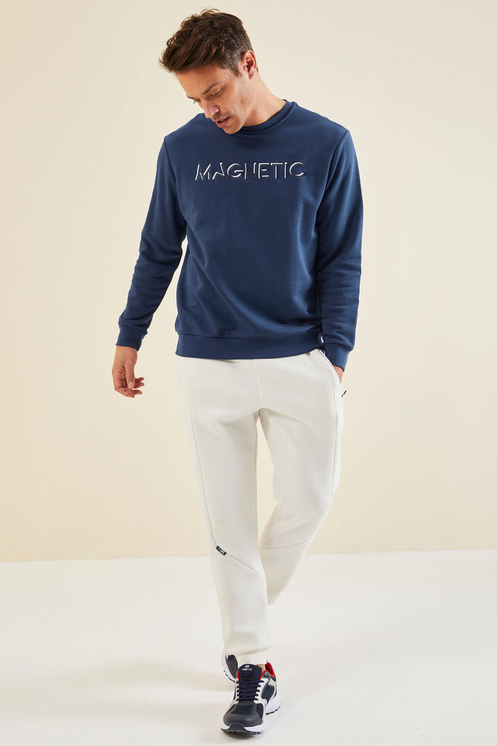 TMY Indigo Text Embroidered Round Neck Comfort Fit Men's Sweatshirt - 88020 - Finchley