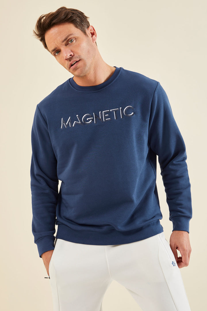 TMY Indigo Text Embroidered Round Neck Comfort Fit Men's Sweatshirt - 88020 - Finchley