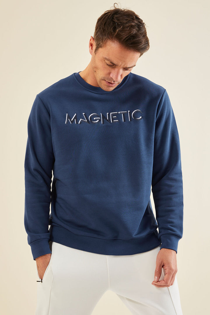 TMY Indigo Text Embroidered Round Neck Comfort Fit Men's Sweatshirt - 88020 - Finchley