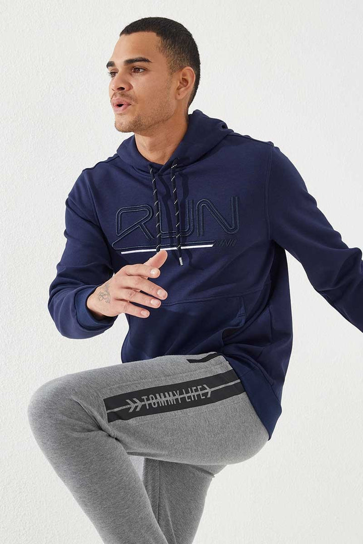 TMY Indigo Embroidered Text Hooded Men's Sweatshirt - 87887 - Wayne