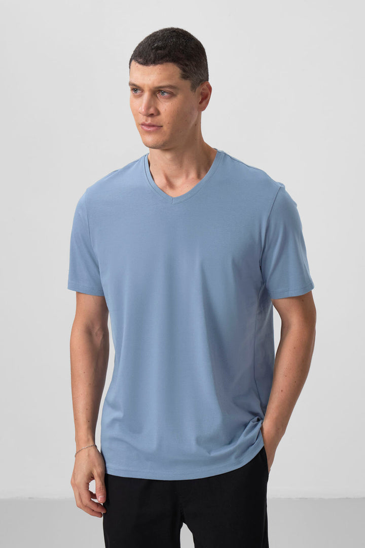 TMY Kirli Mavi Basic Kısa Kol Standart Kalıp V Yaka Erkek T-Shirt - 87912 - Worcester