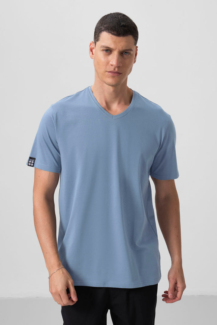 TMY Kirli Mavi Basic Kısa Kol Standart Kalıp V Yaka Erkek T-Shirt - 87912 - Worcester