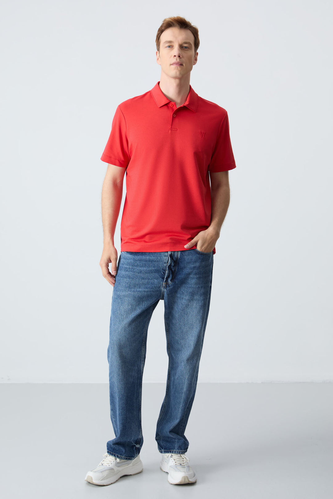 TMY Red Basic Chest Logo Standard Fit Jersey Polo Neck Men's T-Shirt - 87768 - Edinburg