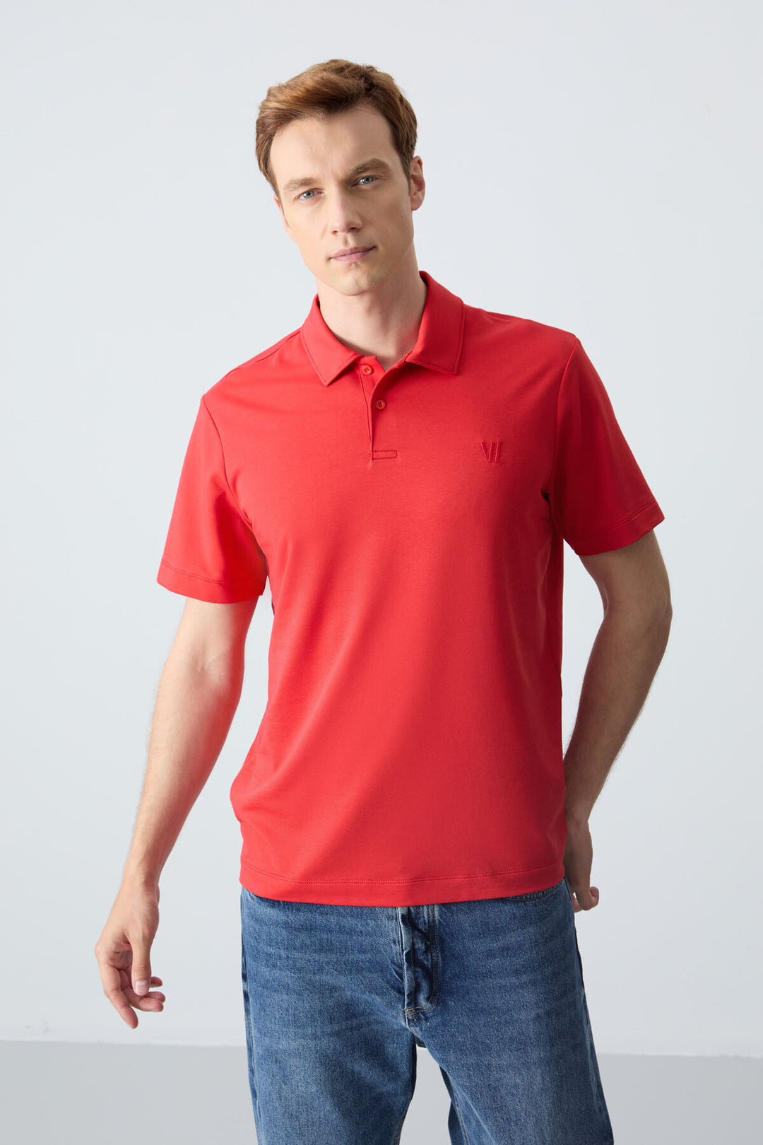 TMY Red Basic Chest Logo Standard Fit Jersey Polo Neck Men's T-Shirt - 87768 - Edinburg