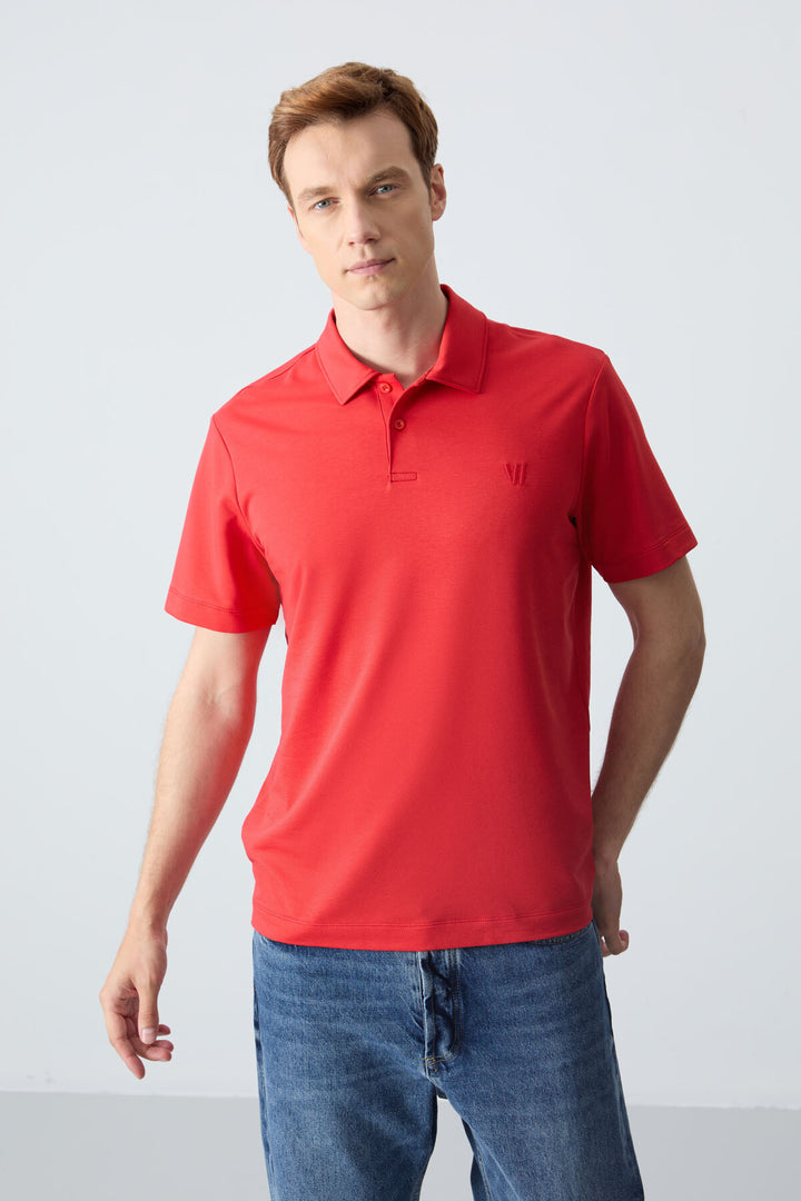 TMY Red Basic Chest Logo Standard Fit Jersey Polo Neck Men's T-Shirt - 87768 - Edinburg