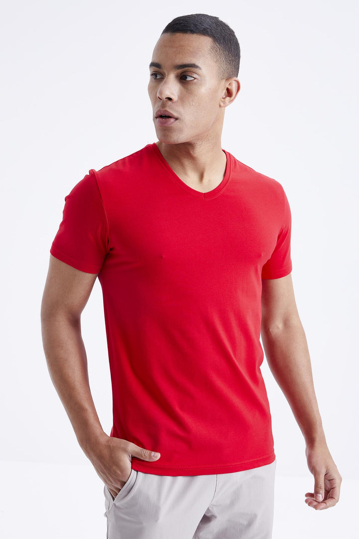 TMY Red Basic Short Sleeve Standard Fit V-Neck Men's T-Shirt - 87912 - Neustadt