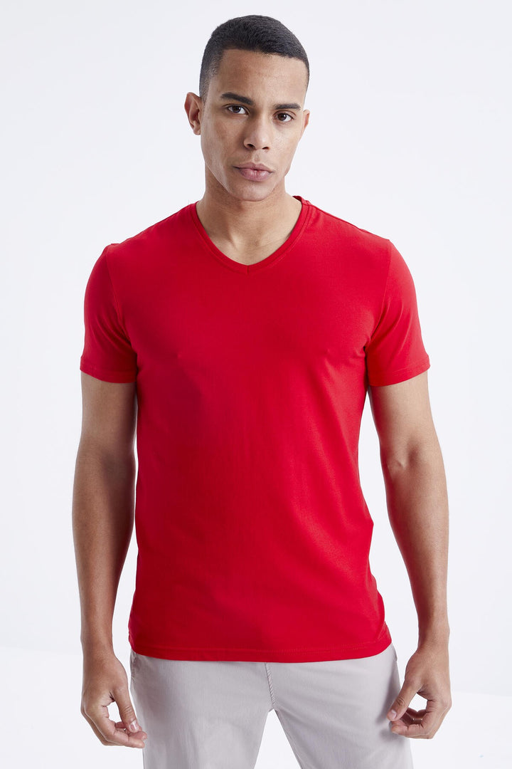 TMY Red Basic Short Sleeve Standard Fit V-Neck Men's T-Shirt - 87912 - Neustadt