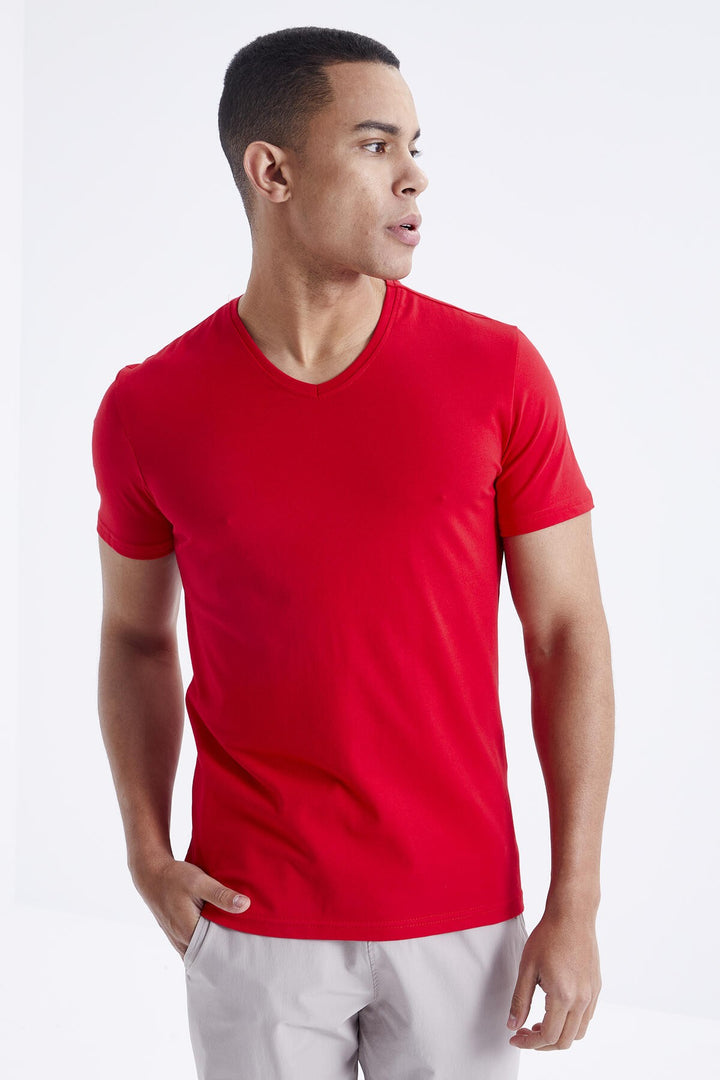 TMY Red Basic Short Sleeve Standard Fit V-Neck Men's T-Shirt - 87912 - Neustadt