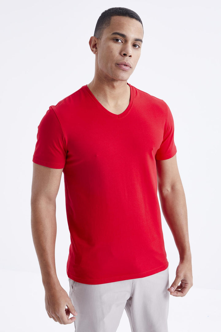 TMY Red Basic Short Sleeve Standard Fit V-Neck Men's T-Shirt - 87912 - Neustadt