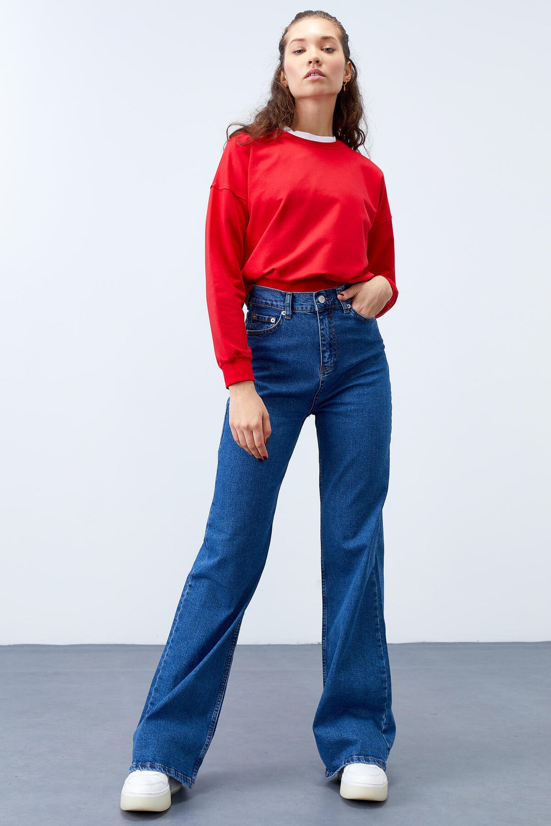 TMY Red Basic Comfort Fit O Neck Women's Sweatshirt - 97114 - San Juan