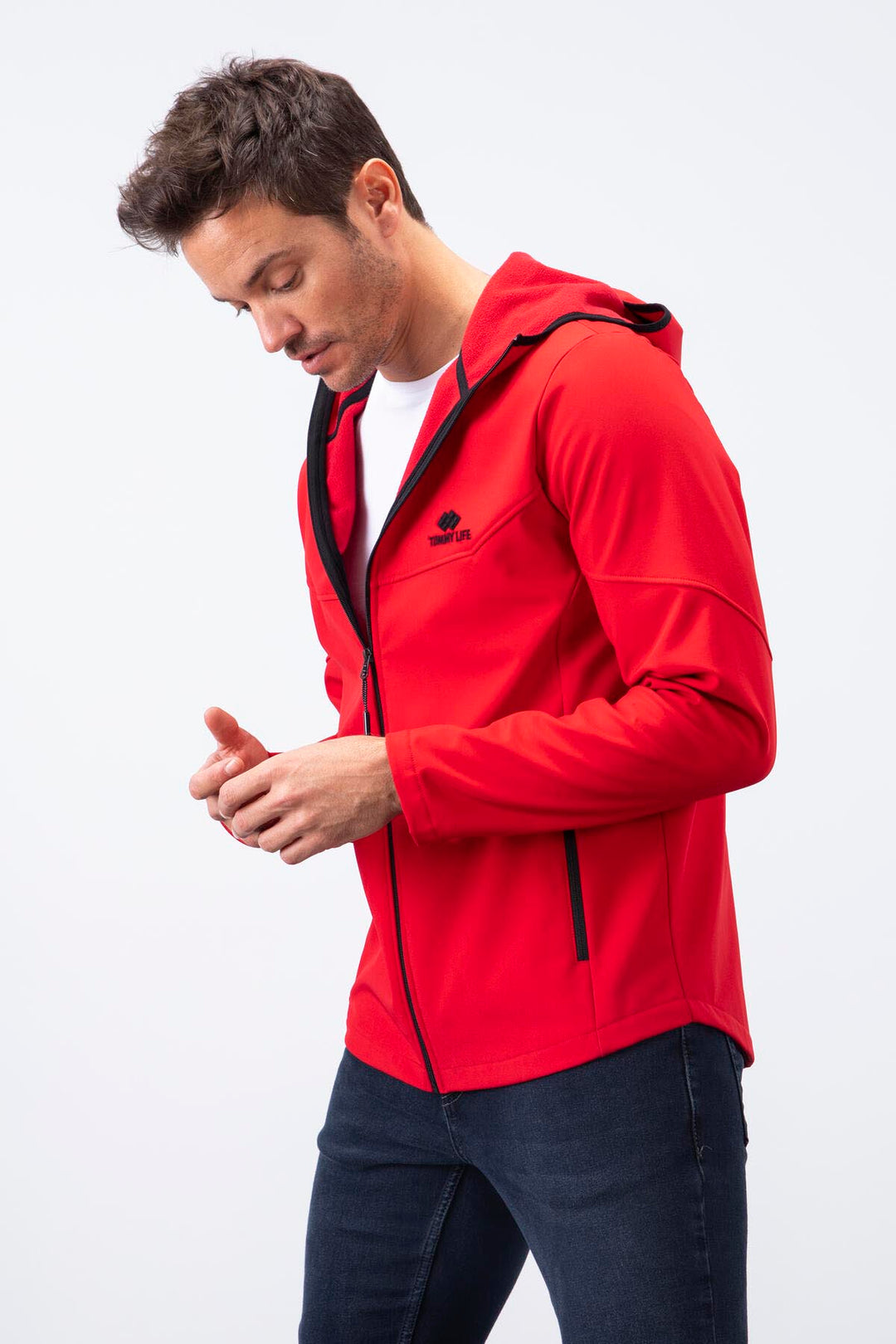 TMY Red Zippered Hooded Water and Wind Resistant Softshell Men's Jacket - 88051 - Plant City
