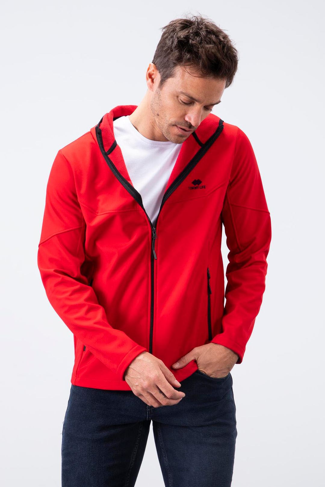 TMY Red Zippered Hooded Water and Wind Resistant Softshell Men's Jacket - 88051 - Plant City