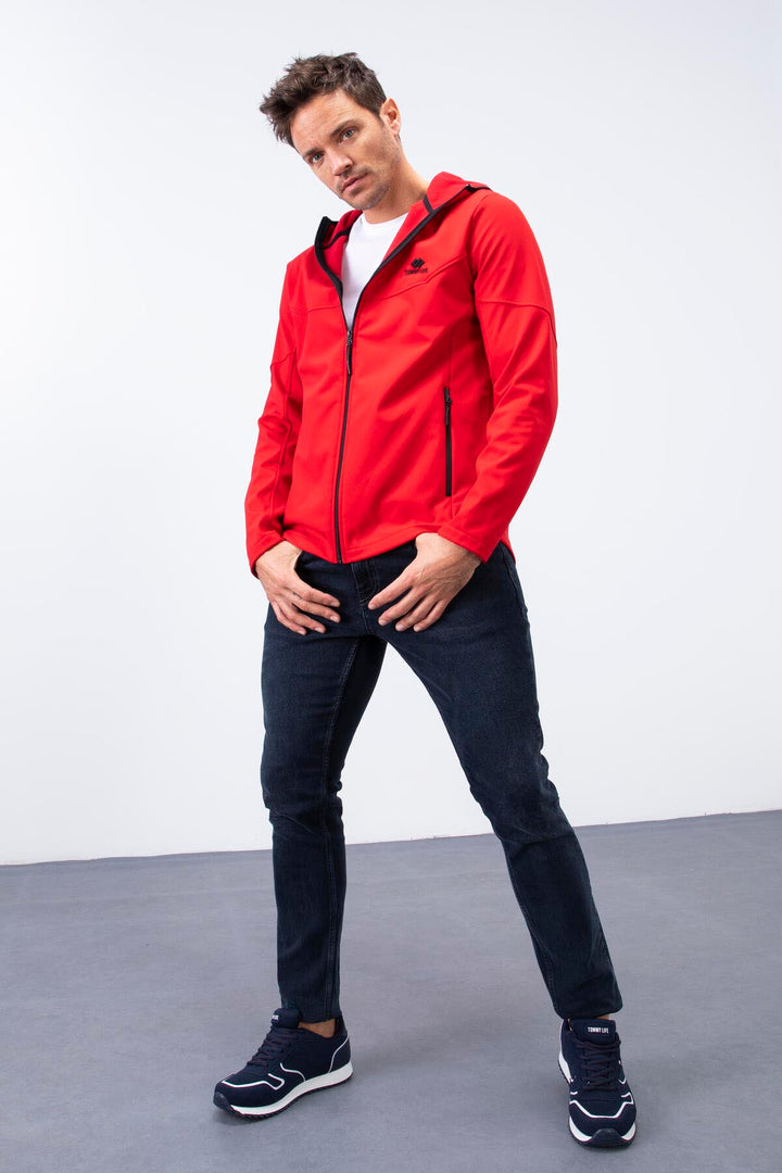 TMY Red Zippered Hooded Water and Wind Resistant Softshell Men's Jacket - 88051 - Plant City
