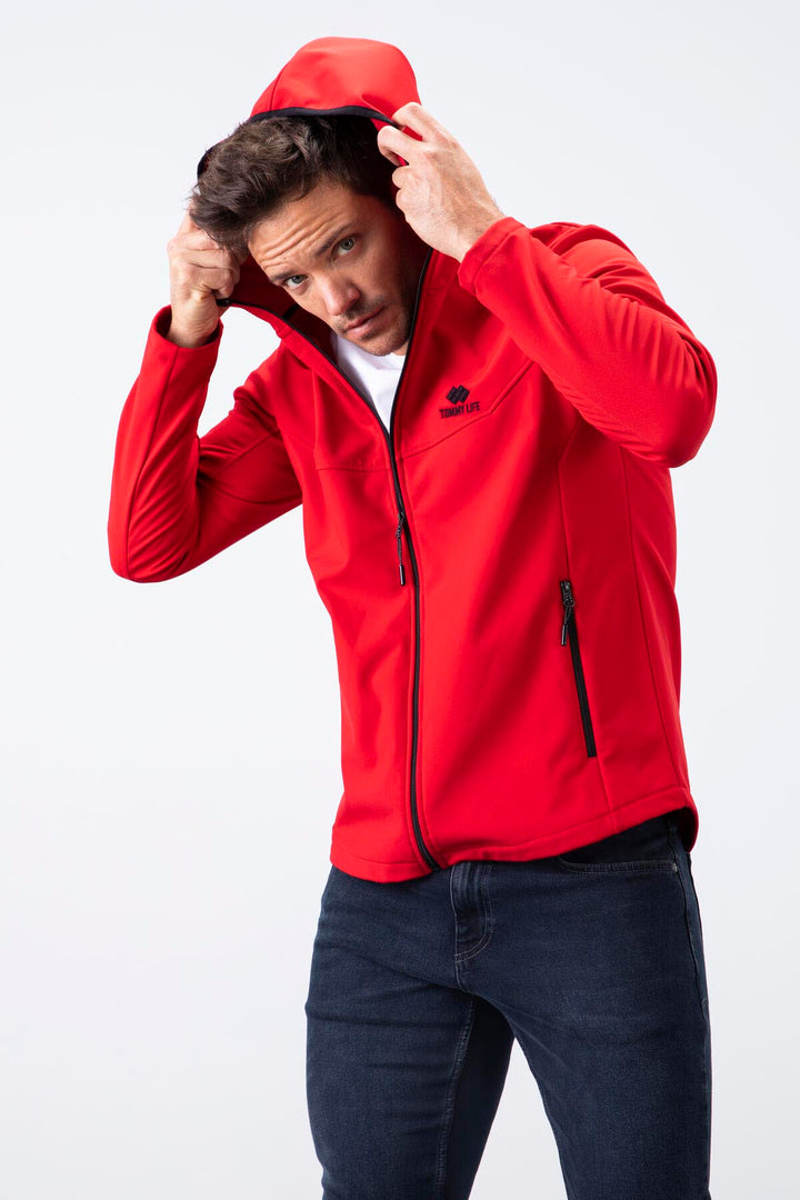 TMY Red Zippered Hooded Water and Wind Resistant Softshell Men's Jacket - 88051 - Plant City