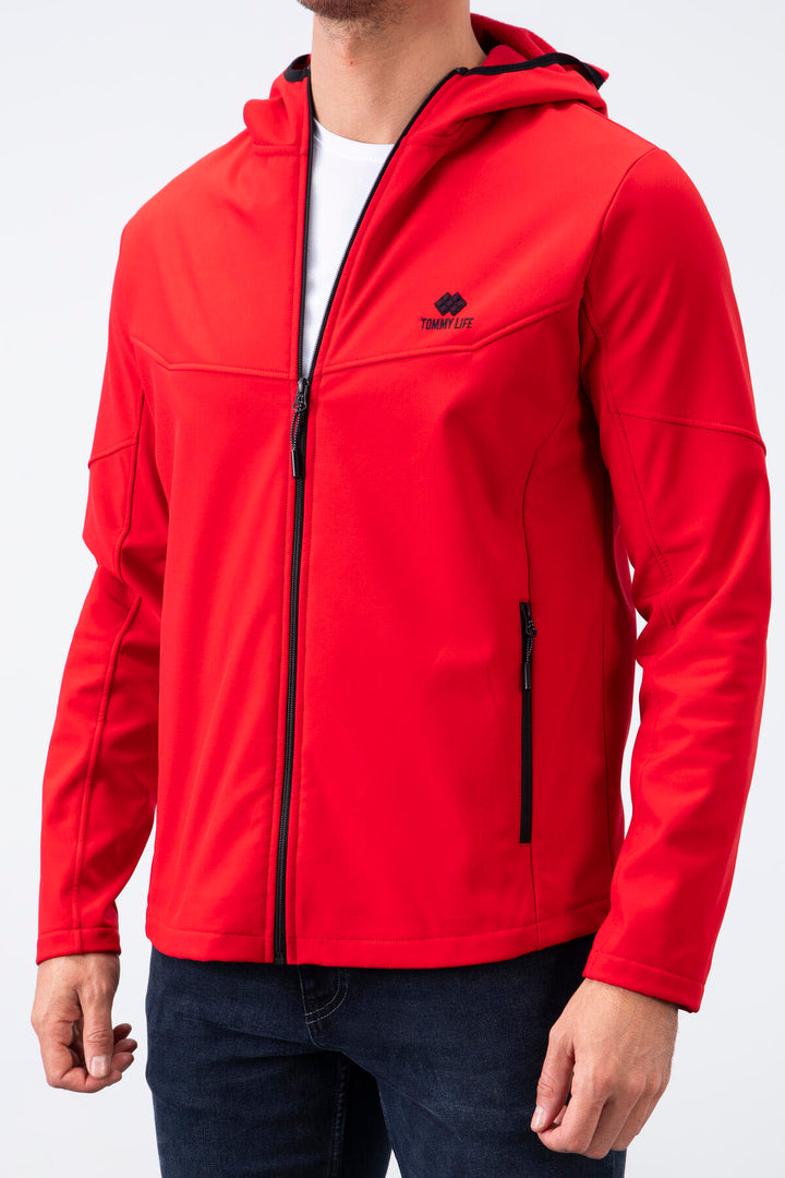 TMY Red Zippered Hooded Water and Wind Resistant Softshell Men's Jacket - 88051 - Plant City