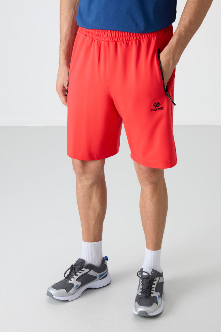 TMY Red Hidden Zipper Back Pocket Drawstring Regular Fit Men's Shorts - 81136 - La Barca