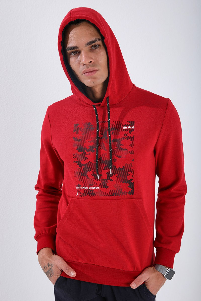 TMY Red Camouflage Pattern Printed Standard Mold Hooded Men's Sweatshirt - 87884 - Midland
