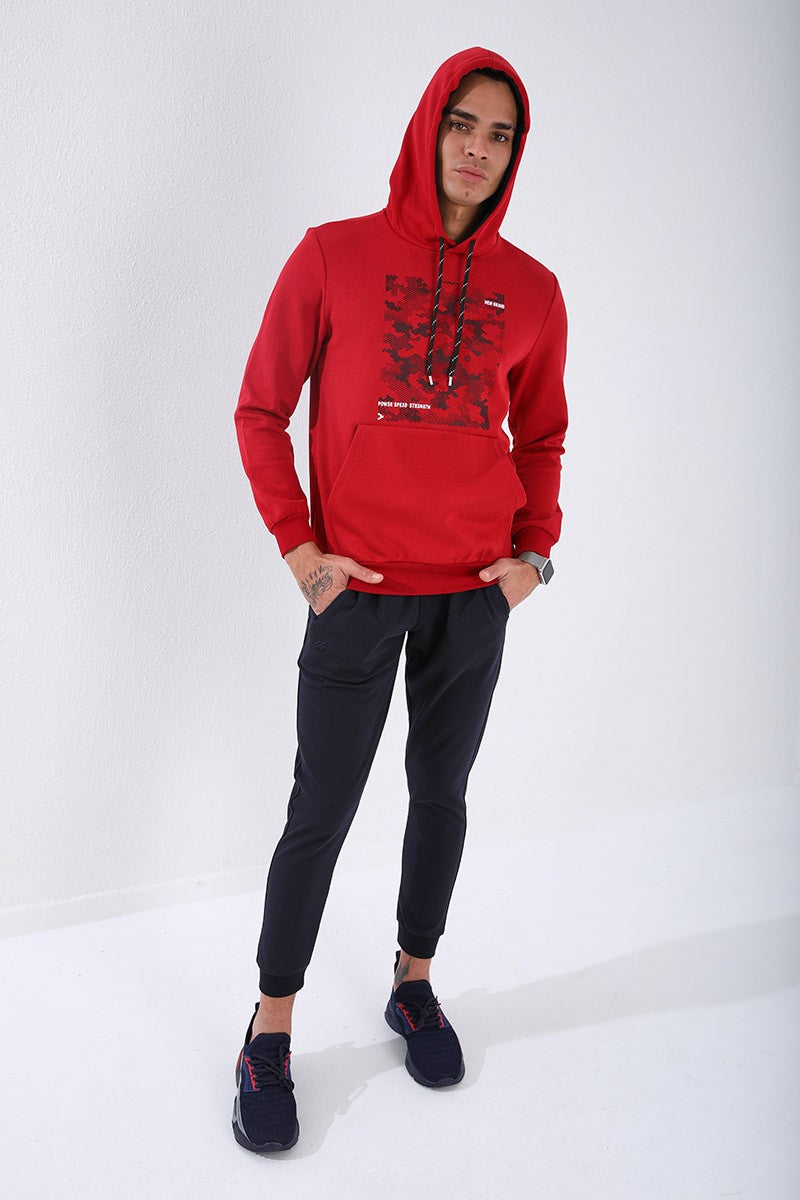 TMY Red Camouflage Pattern Printed Standard Mold Hooded Men's Sweatshirt - 87884 - Midland