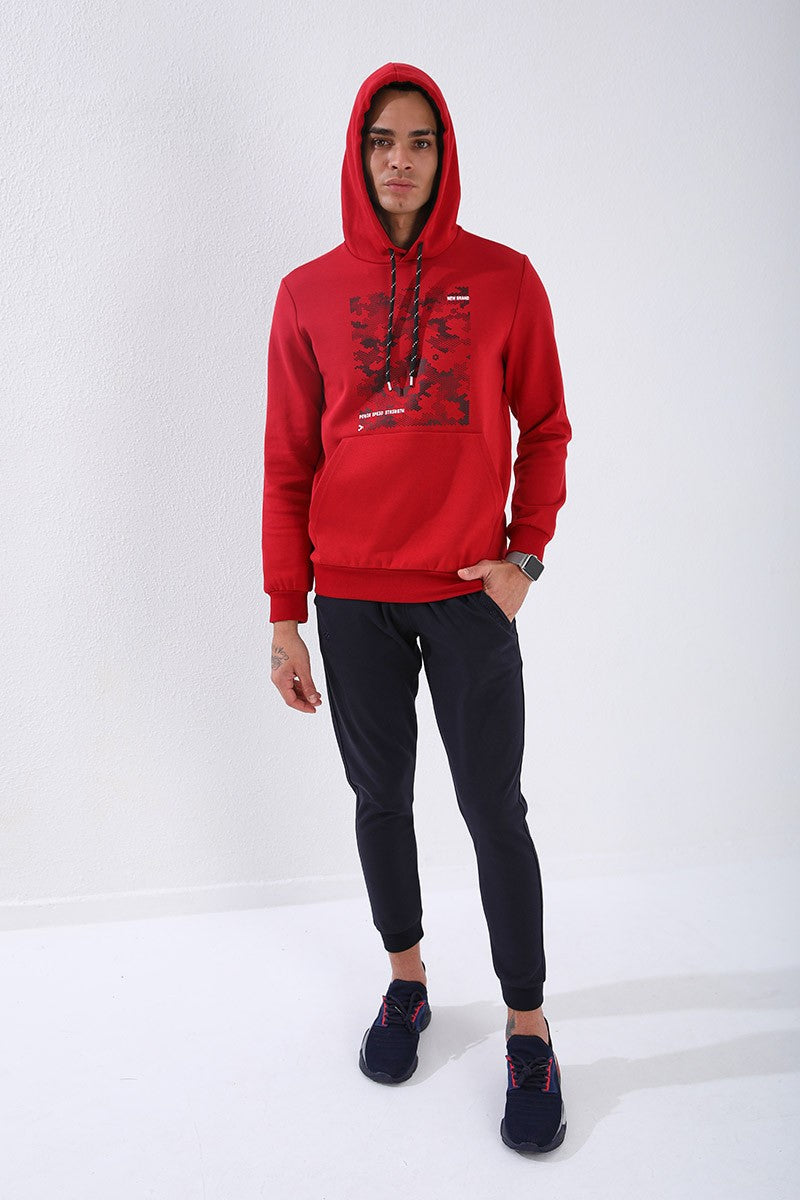 TMY Red Camouflage Pattern Printed Standard Mold Hooded Men's Sweatshirt - 87884 - Midland