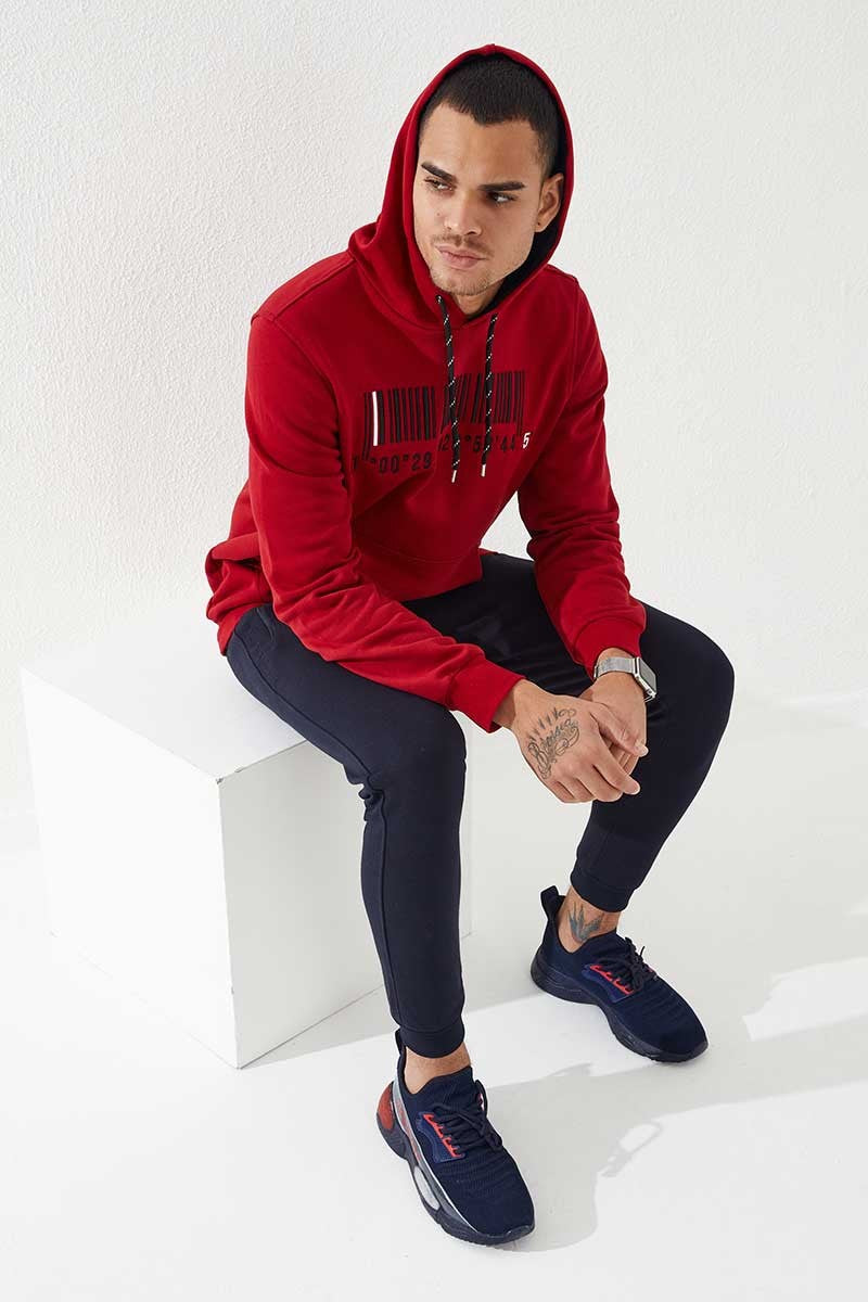 TMY Red Embroidered Kangaroo Pocket Standard Fit Hooded Men's Sweatshirt - 87839 - Diamond Bar
