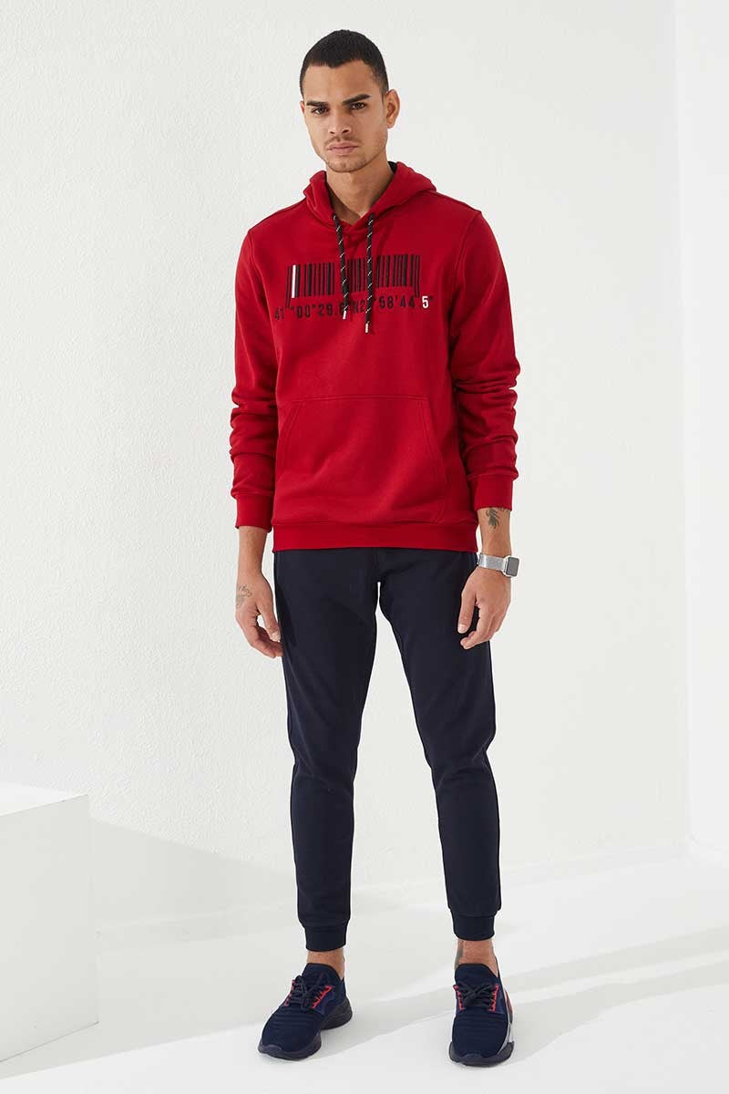 TMY Red Embroidered Kangaroo Pocket Standard Fit Hooded Men's Sweatshirt - 87839 - Diamond Bar
