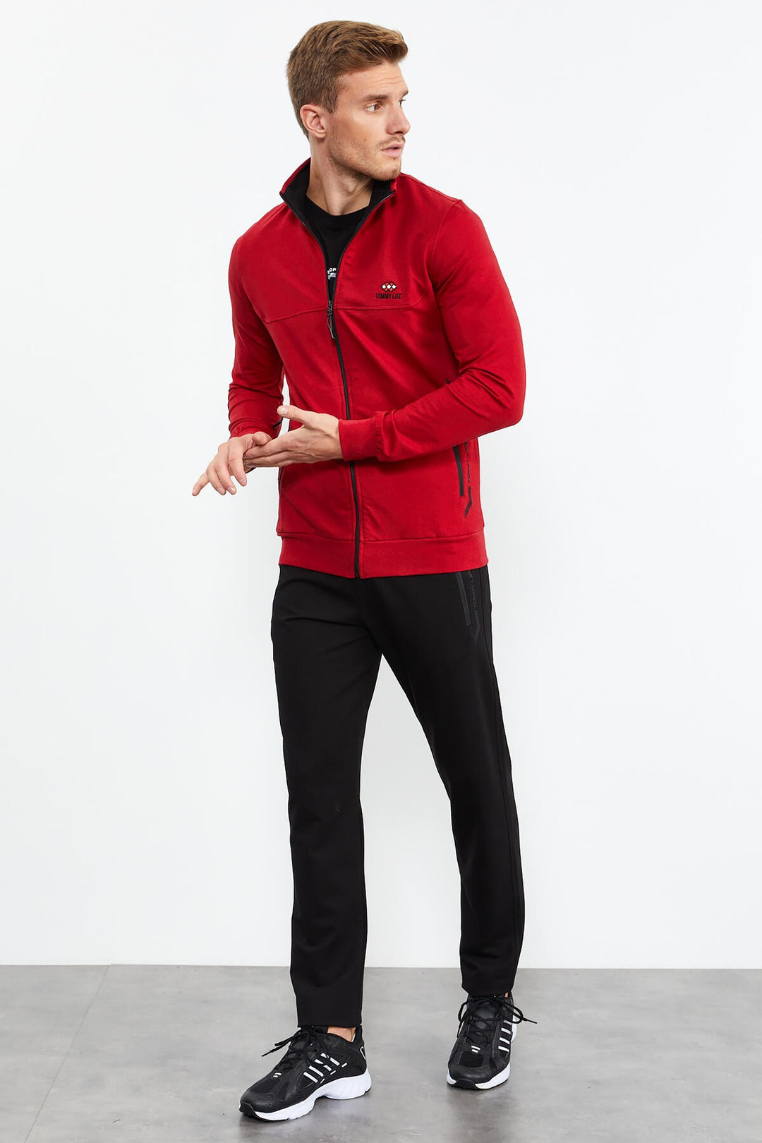 TMY Red - Black High Neck Zippered Standard Fit Classic Cuff Men's Tracksuit Set - 85152 - Capelle aan den IJssel