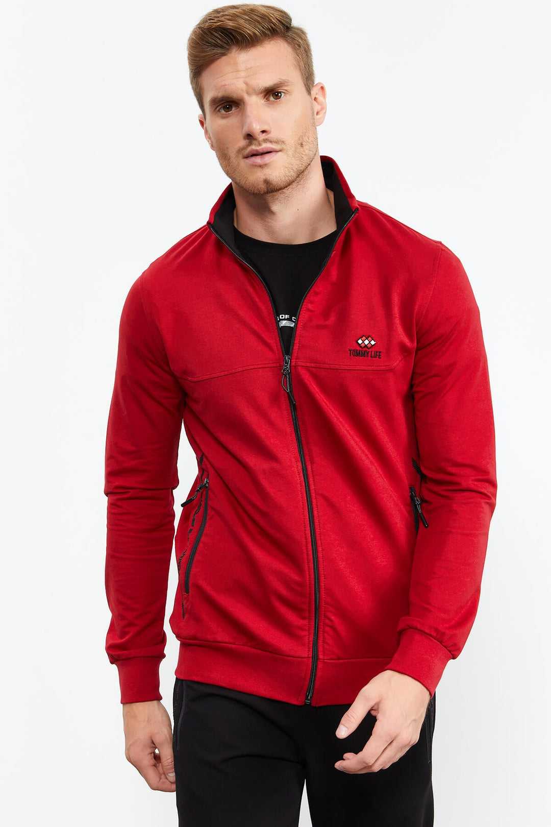 TMY Red - Black High Neck Zippered Standard Fit Classic Cuff Men's Tracksuit Set - 85152 - Capelle aan den IJssel