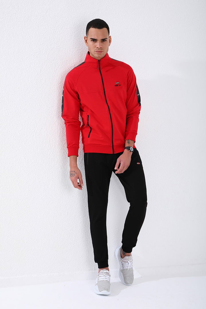 TMY Red - Black Straight Collar Striped Printed Standard Mold Cuffed Men's Tracksuit - 85150 - Ciudad Acuña