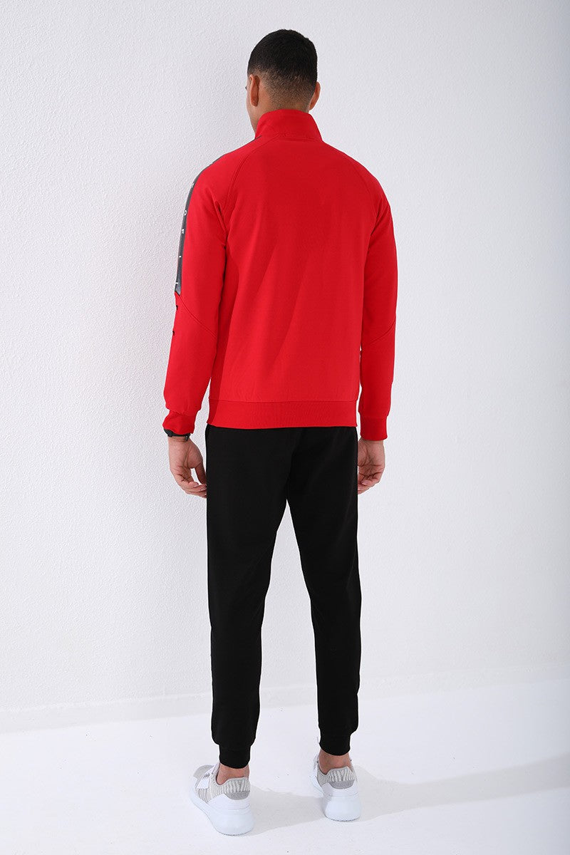 TMY Red - Black Straight Collar Striped Printed Standard Mold Cuffed Men's Tracksuit - 85150 - Ciudad Acuña