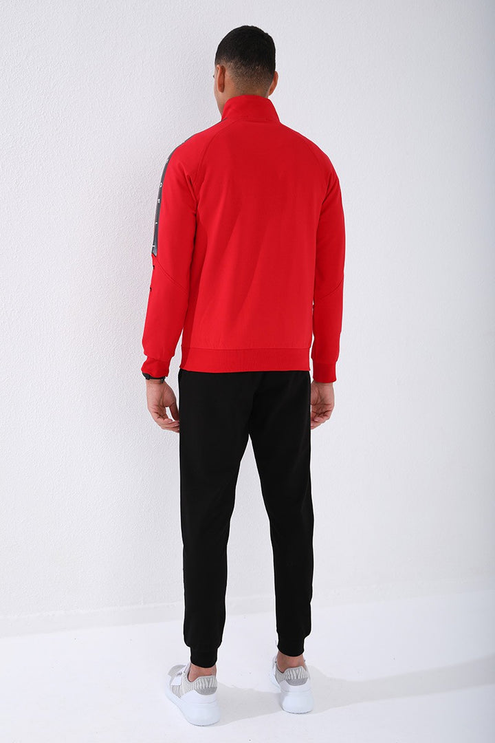 TMY Red - Black Straight Collar Striped Printed Standard Mold Cuffed Men's Tracksuit - 85150 - Ciudad Acuña
