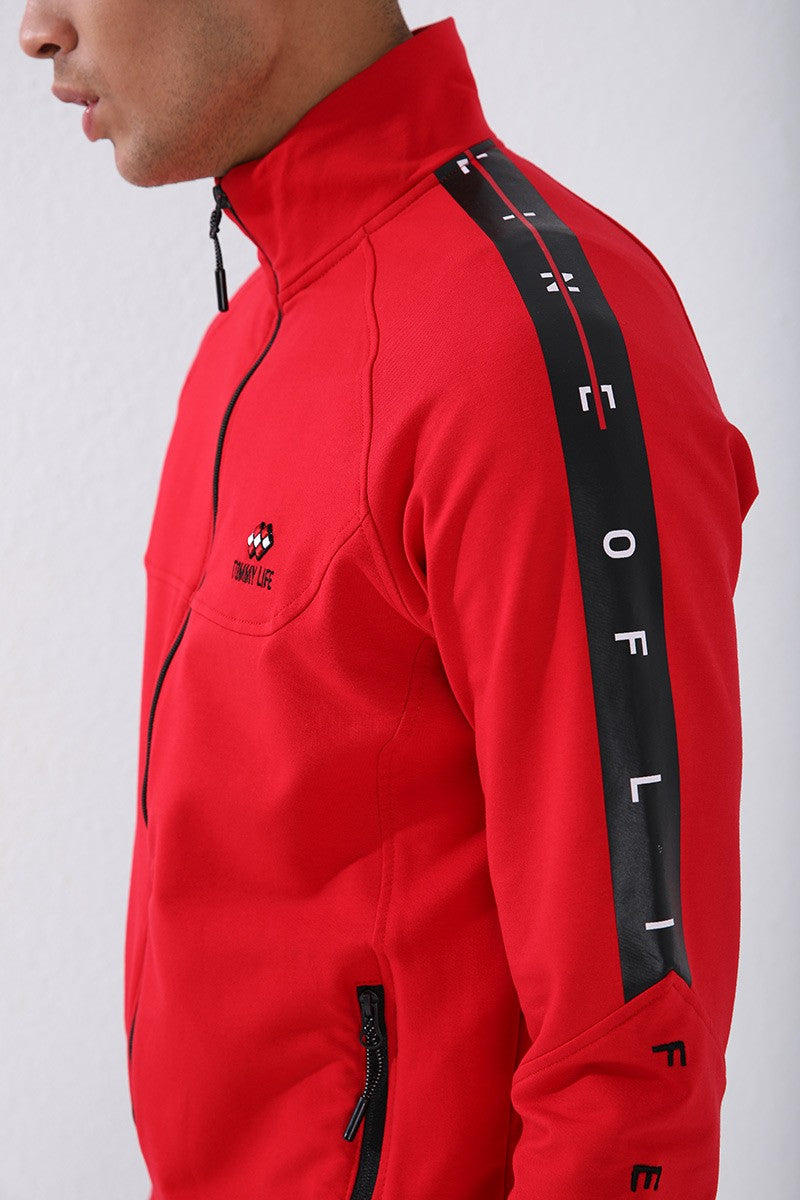 TMY Red - Black Straight Collar Striped Printed Standard Mold Cuffed Men's Tracksuit - 85150 - Ciudad Acuña