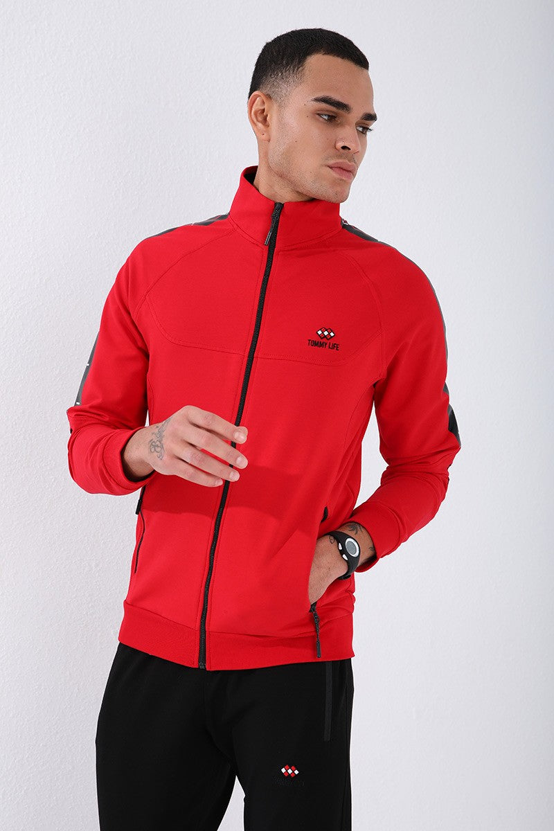 TMY Red - Black Straight Collar Striped Printed Standard Mold Cuffed Men's Tracksuit - 85150 - Ciudad Acuña