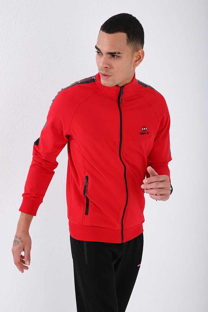 TMY Red - Black Straight Collar Striped Printed Standard Mold Cuffed Men's Tracksuit - 85150 - Ciudad Acuña