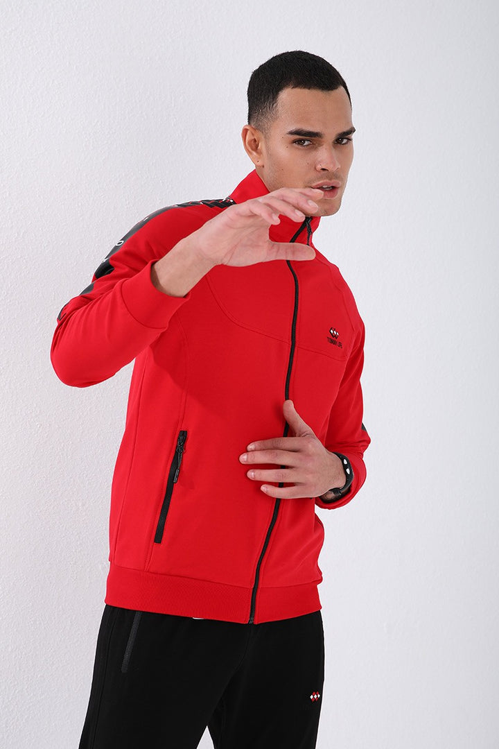 TMY Red - Black Straight Collar Striped Printed Standard Mold Cuffed Men's Tracksuit - 85150 - Ciudad Acuña