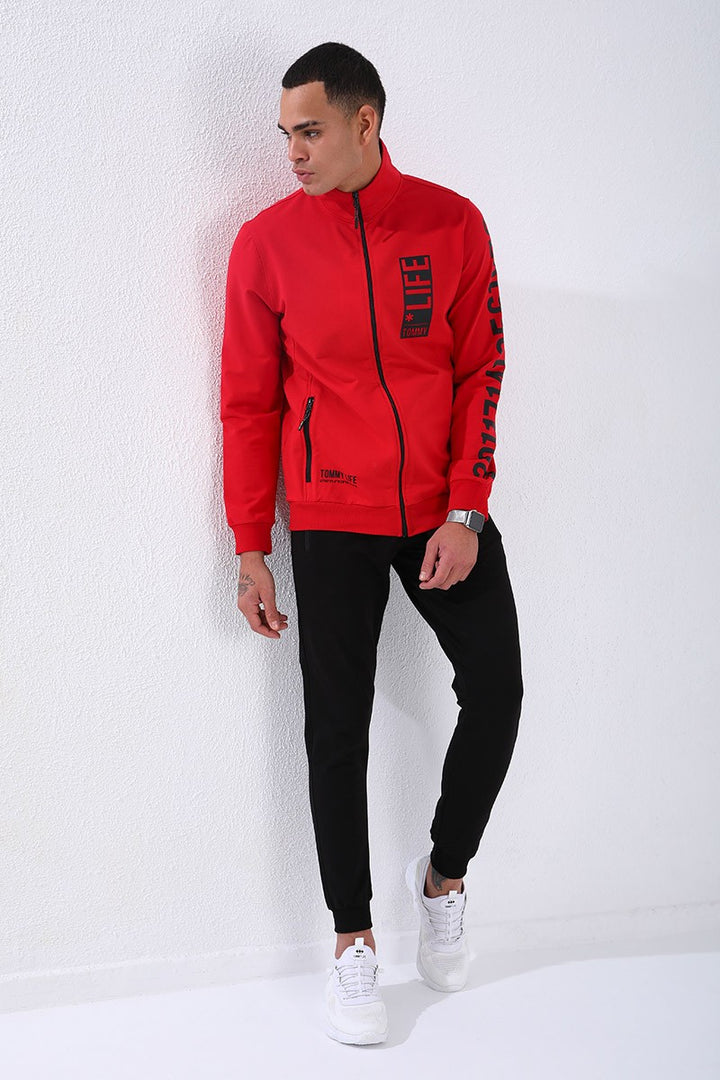 TMY Red - Black Straight Collar Printed Standard Mold Cuffed Men's Tracksuit - 85149 - Gloucester