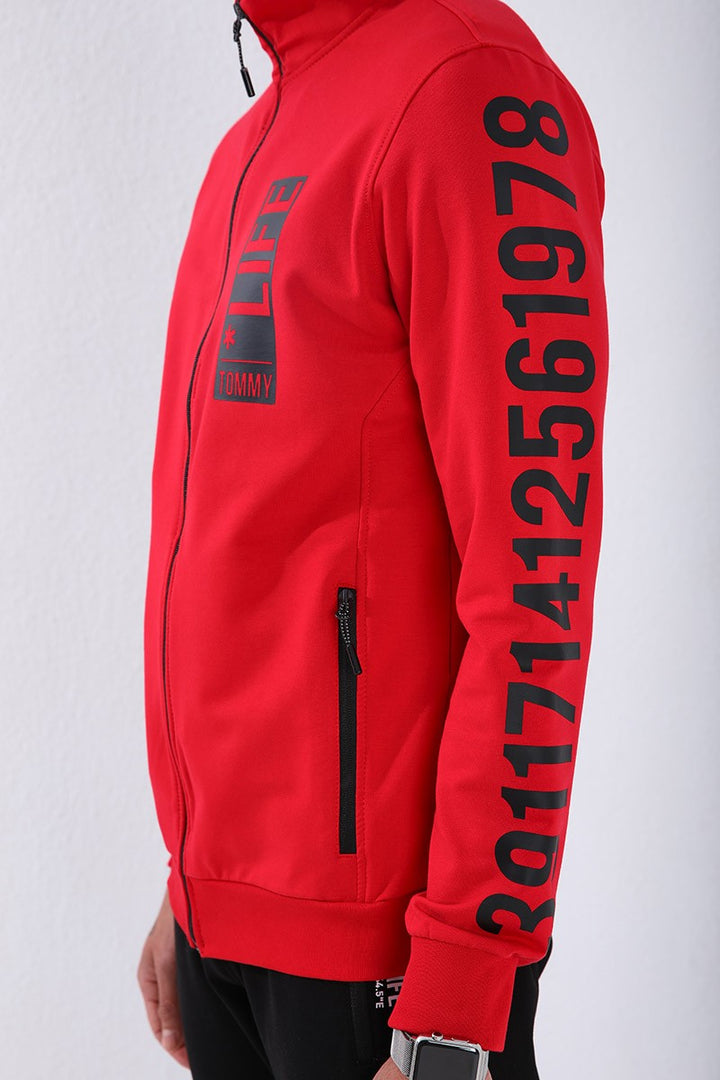 TMY Red - Black Straight Collar Printed Standard Mold Cuffed Men's Tracksuit - 85149 - Gloucester