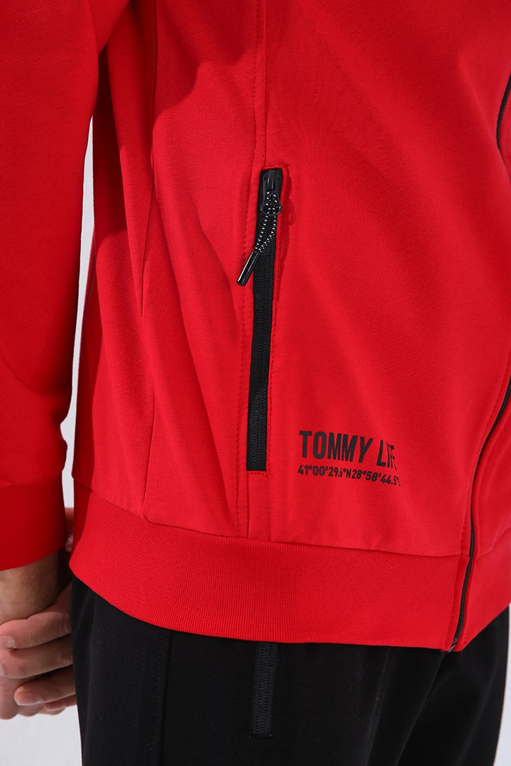 TMY Red - Black Straight Collar Printed Standard Mold Cuffed Men's Tracksuit - 85149 - Gloucester