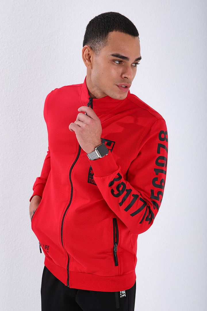 TMY Red - Black Straight Collar Printed Standard Mold Cuffed Men's Tracksuit - 85149 - Gloucester